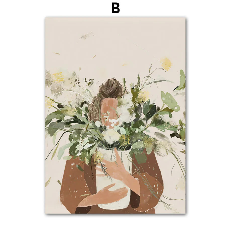 Boho Abstract Girl, Flowers, Illustrated Canvas Paintings