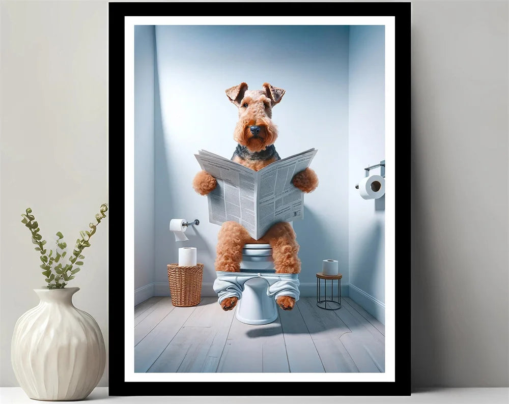 Animals Reading Newspaper on Toilet Canvas Print