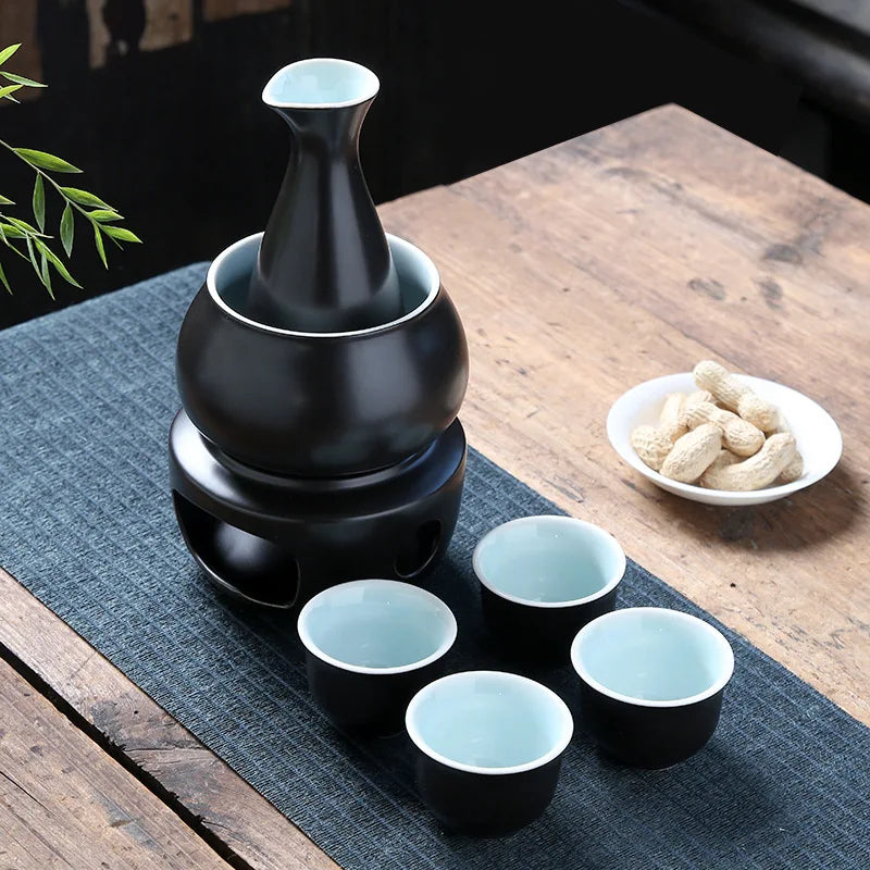 Japanese Sake Pot, Warmer, Cups, Ceramic 7pcs Set
