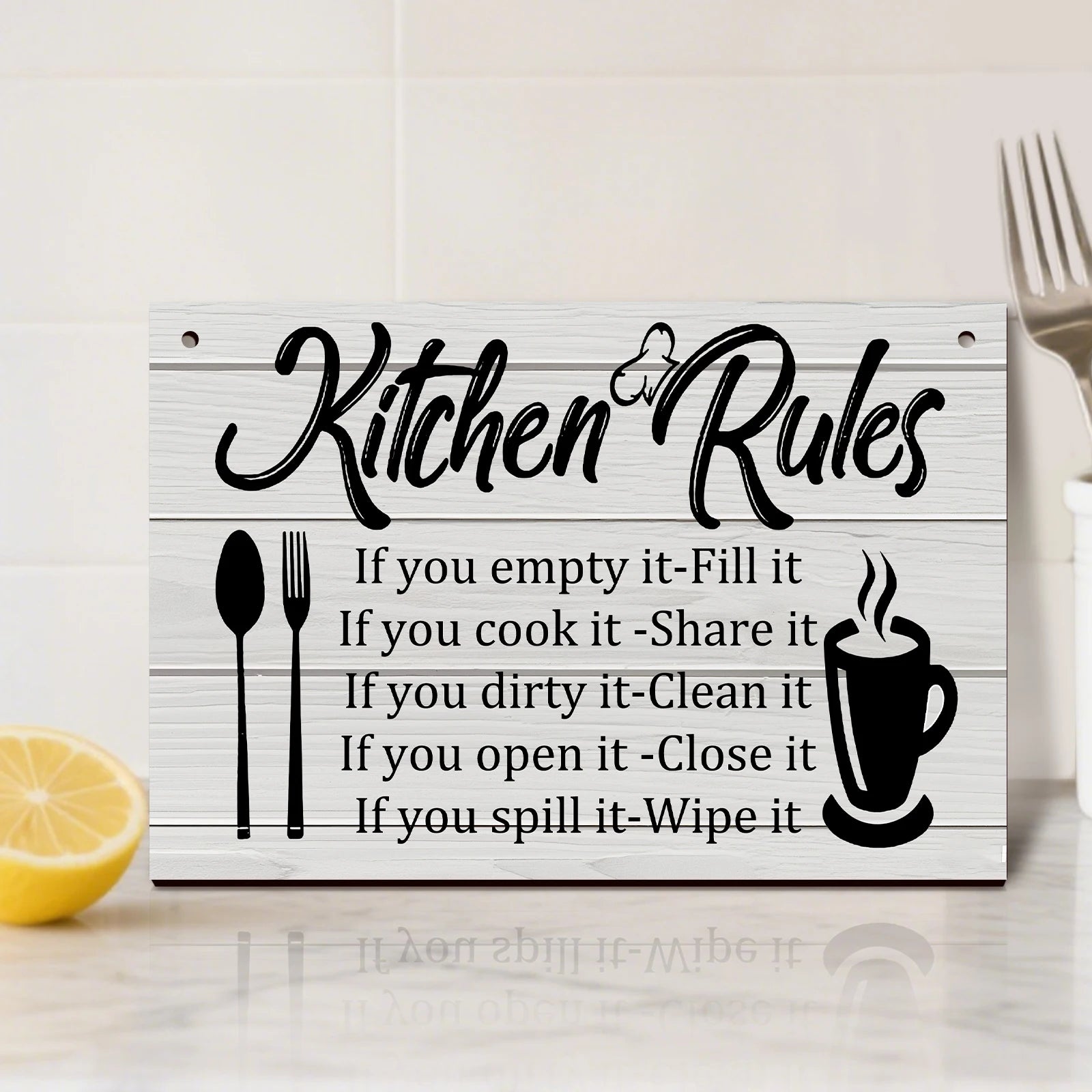 Kitchen Wooden Rules Decor Plaque with Utensils