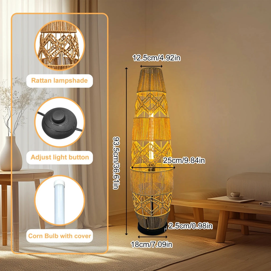 Boho Rattan Floor Lamp, Hand-Woven, LED Light-Bar