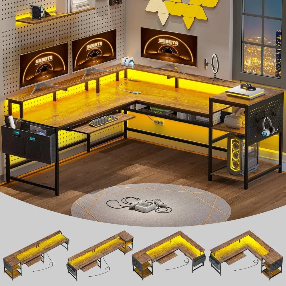 L Shaped Computer Desk with Power Outlets & LED Strip
