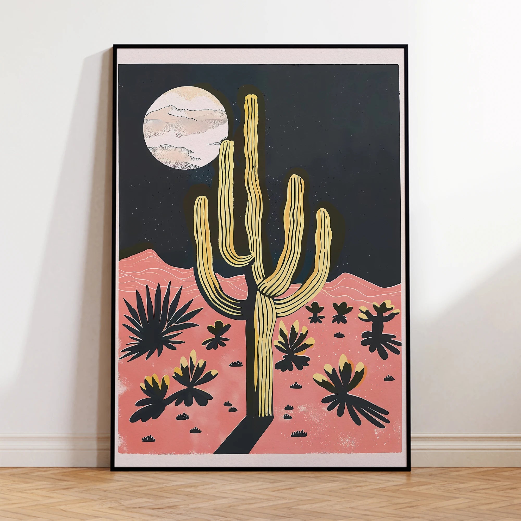 Modern Desert Night Moon Giant Cactus Print