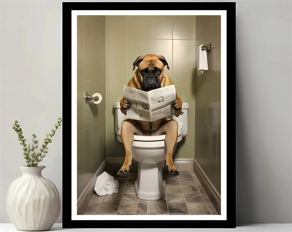Animals Reading Newspaper on Toilet Canvas Print
