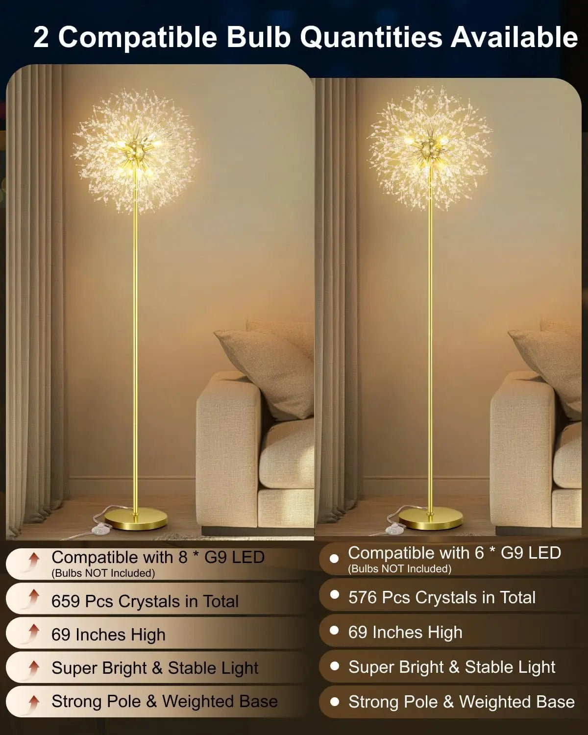 Mid Century Gold Crystals Floor Lamp with Foot Switch