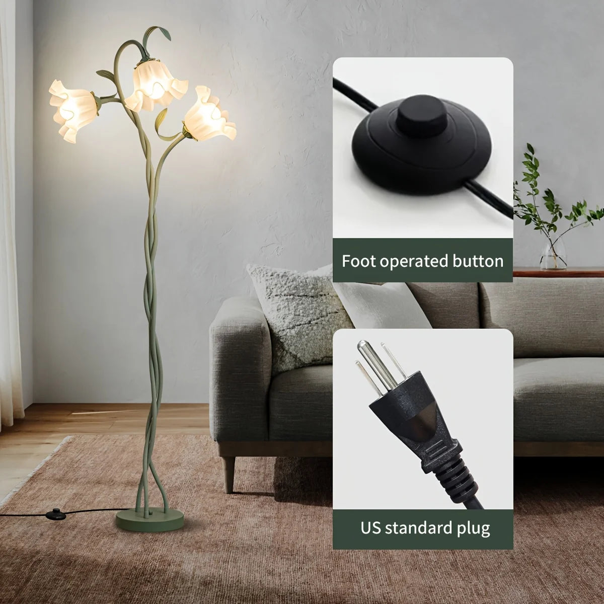Art Deco Floral Floor Lamp, Flexible Arm