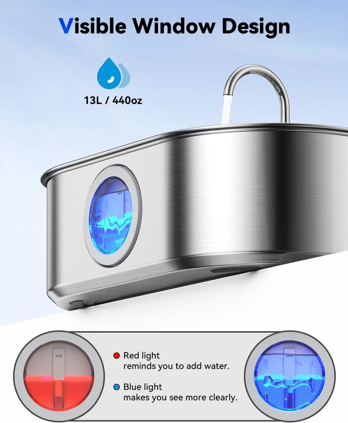 13L Stainless Steel Pet Fountain; Quiet Pump