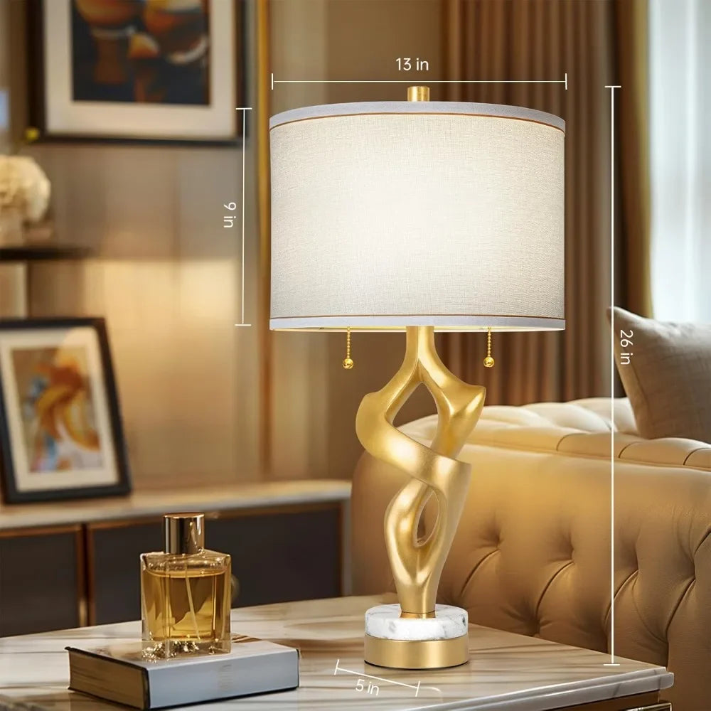 Unique 26" Gold Leaf Lamps, Linen Shade, Set of 2