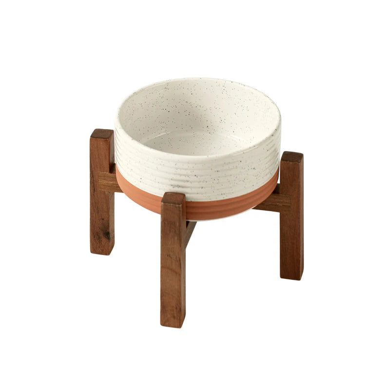 Large Ceramic Double Elevated Bowls, Wooden Stand