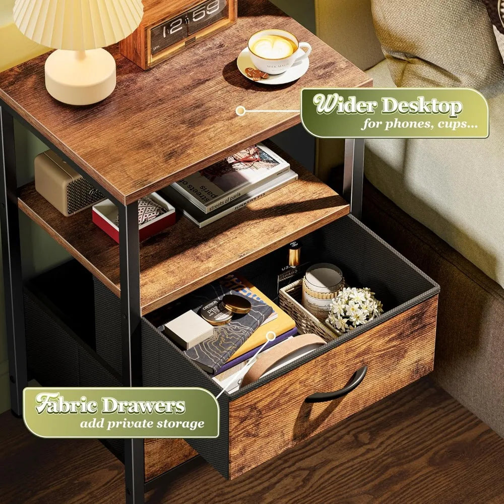 2-Drawer Nightstand, Open Shelf, Rustic Brown,