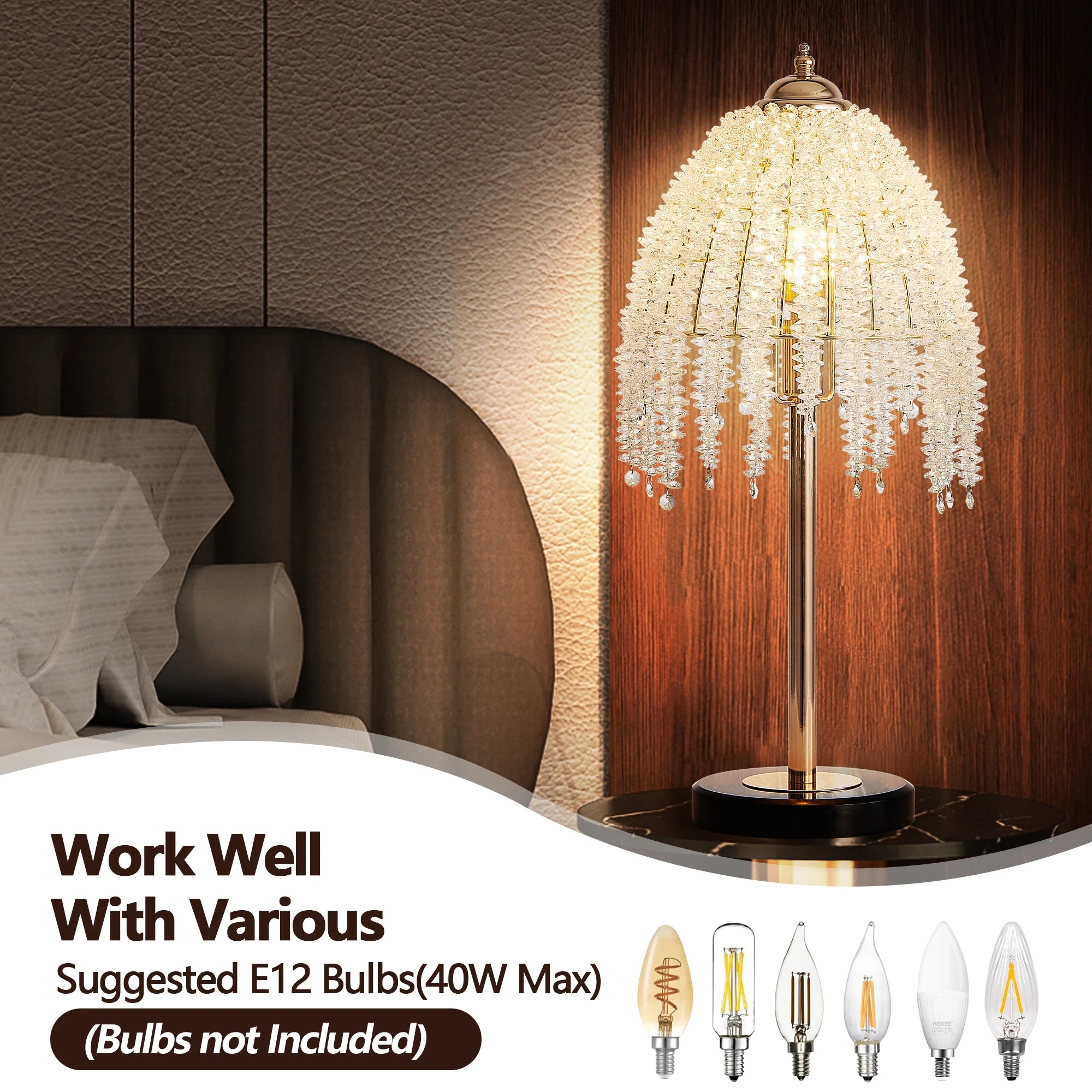 Crystal Table Lamp, Waterfall Design. Crystal Bead String Shade.