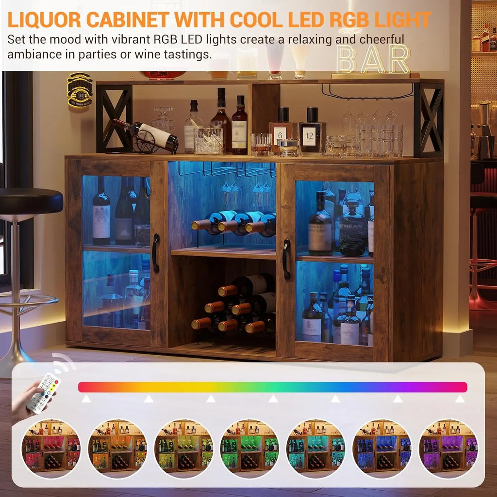 Wine/Coffee Bar Cabinet, Wine Rack, LED Lights, 4 Colors