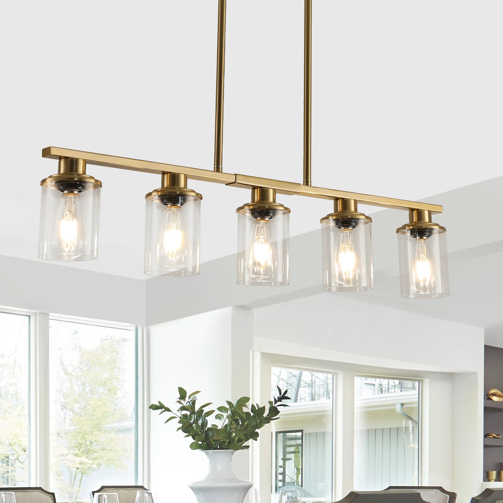 Industrial 5-Light Chandelier, Glass Shades; 4 Colors Available