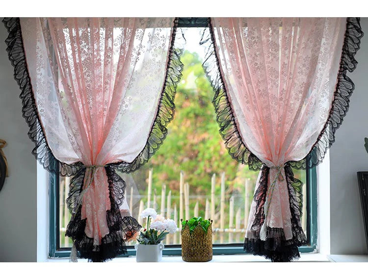 Vintage Blush Jacquard, Black Lacework Sheer Curtains