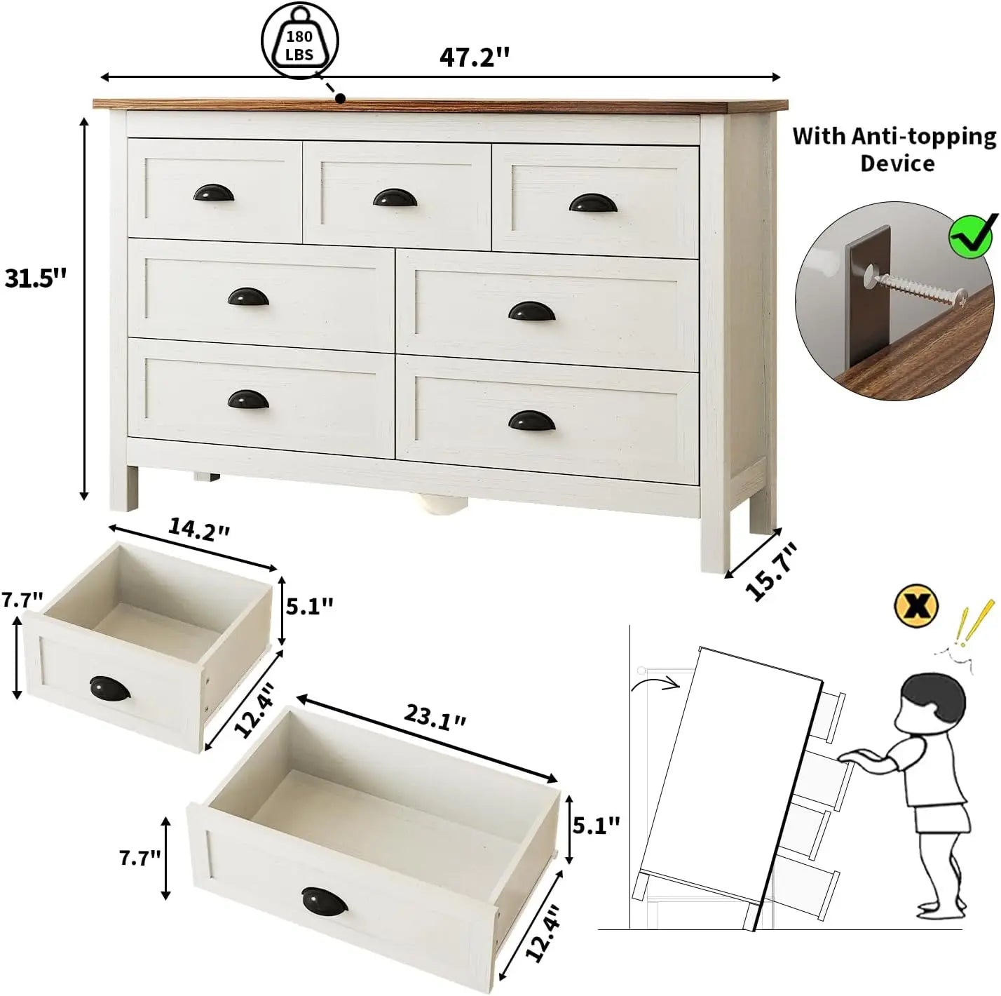 Farmhouse Style 7-Drawer Dresser; Black Drawer Pulls
