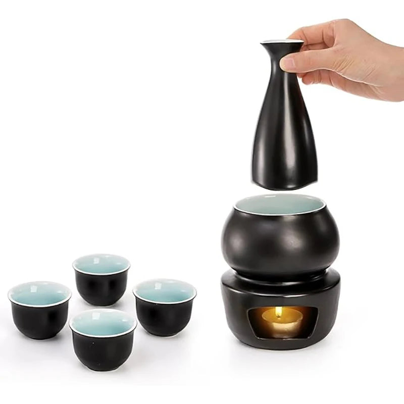 Japanese Sake Pot, Warmer, Cups, Ceramic 7pcs Set