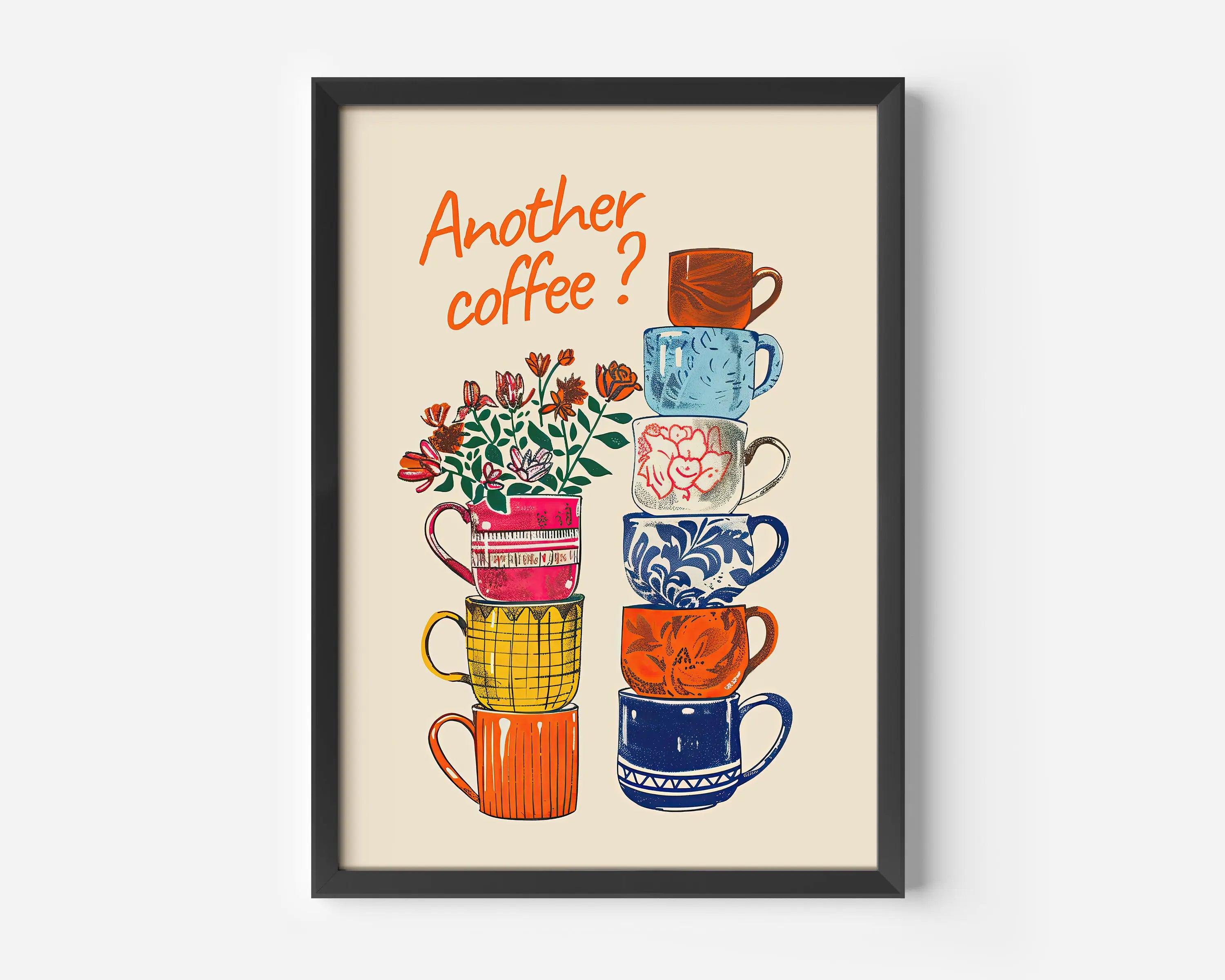 Funny Coffee Cups Floral Wall Art Prints