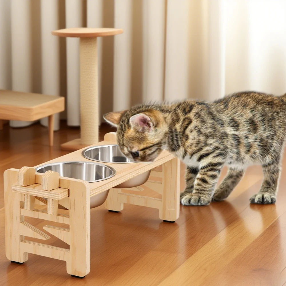 2-Bowl Cat Feeder; Wood Stand