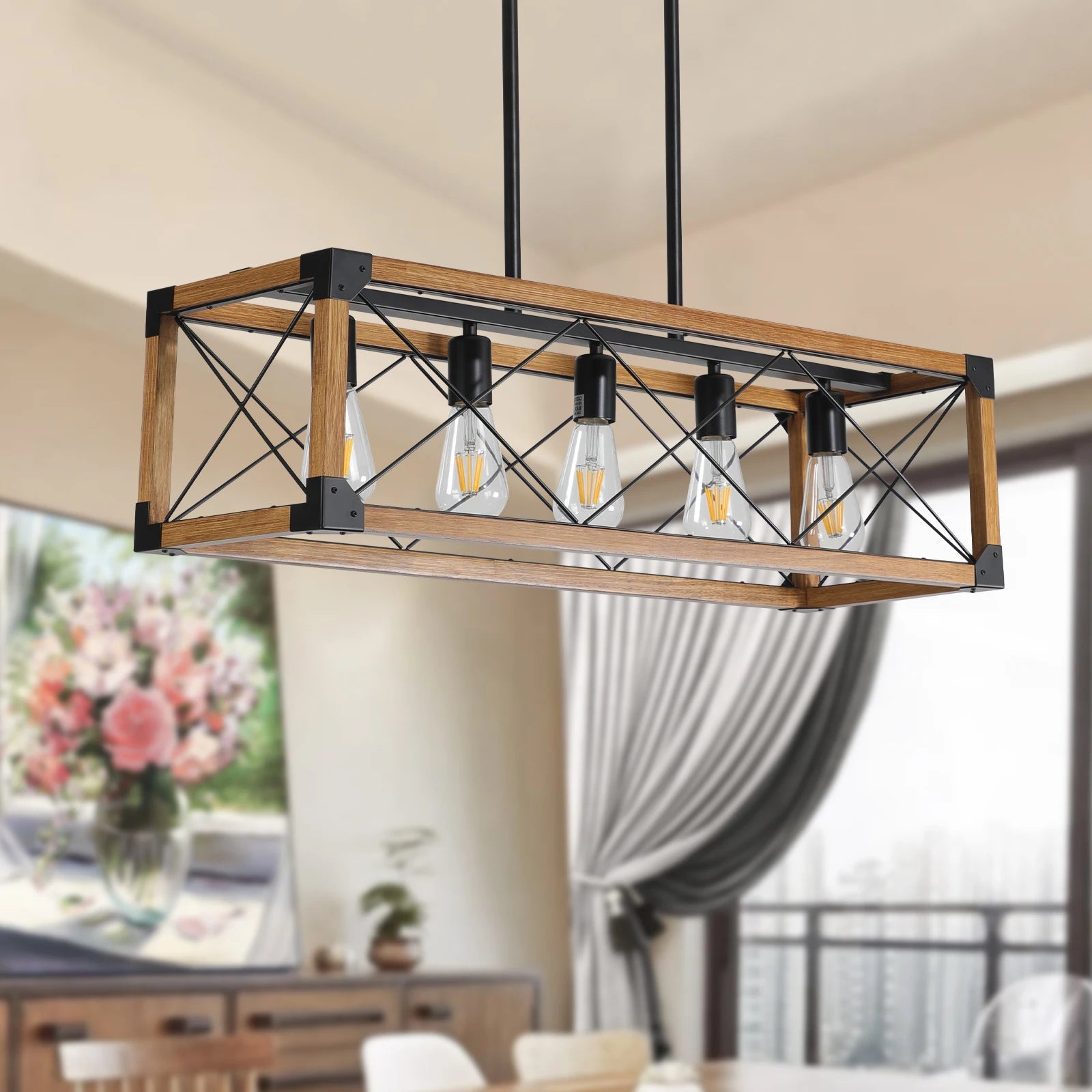 31“ Industrial Wood & Iron Frame, 5-Light Pendant