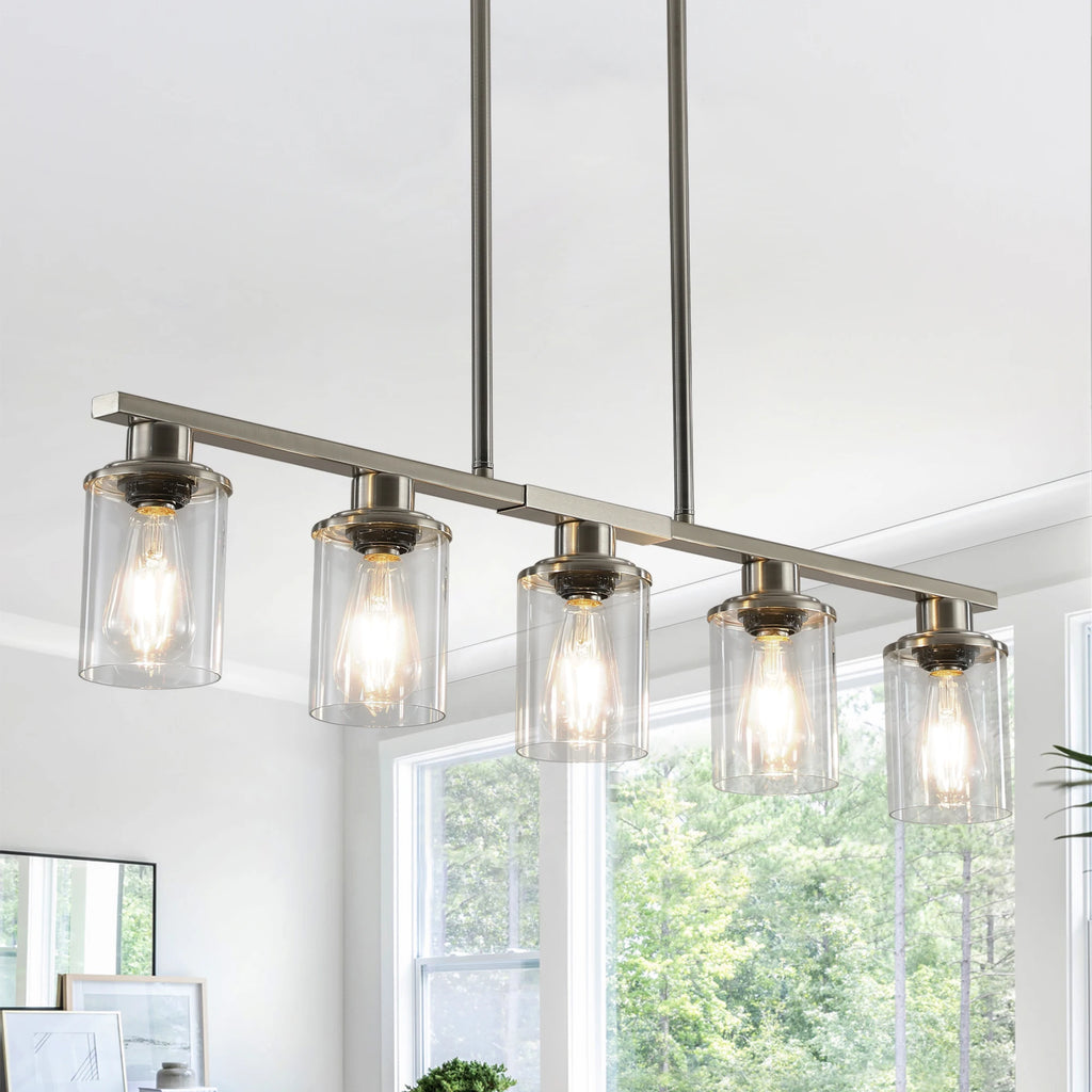 Industrial 5-Light Chandelier, Glass Shades; 4 Colors Available