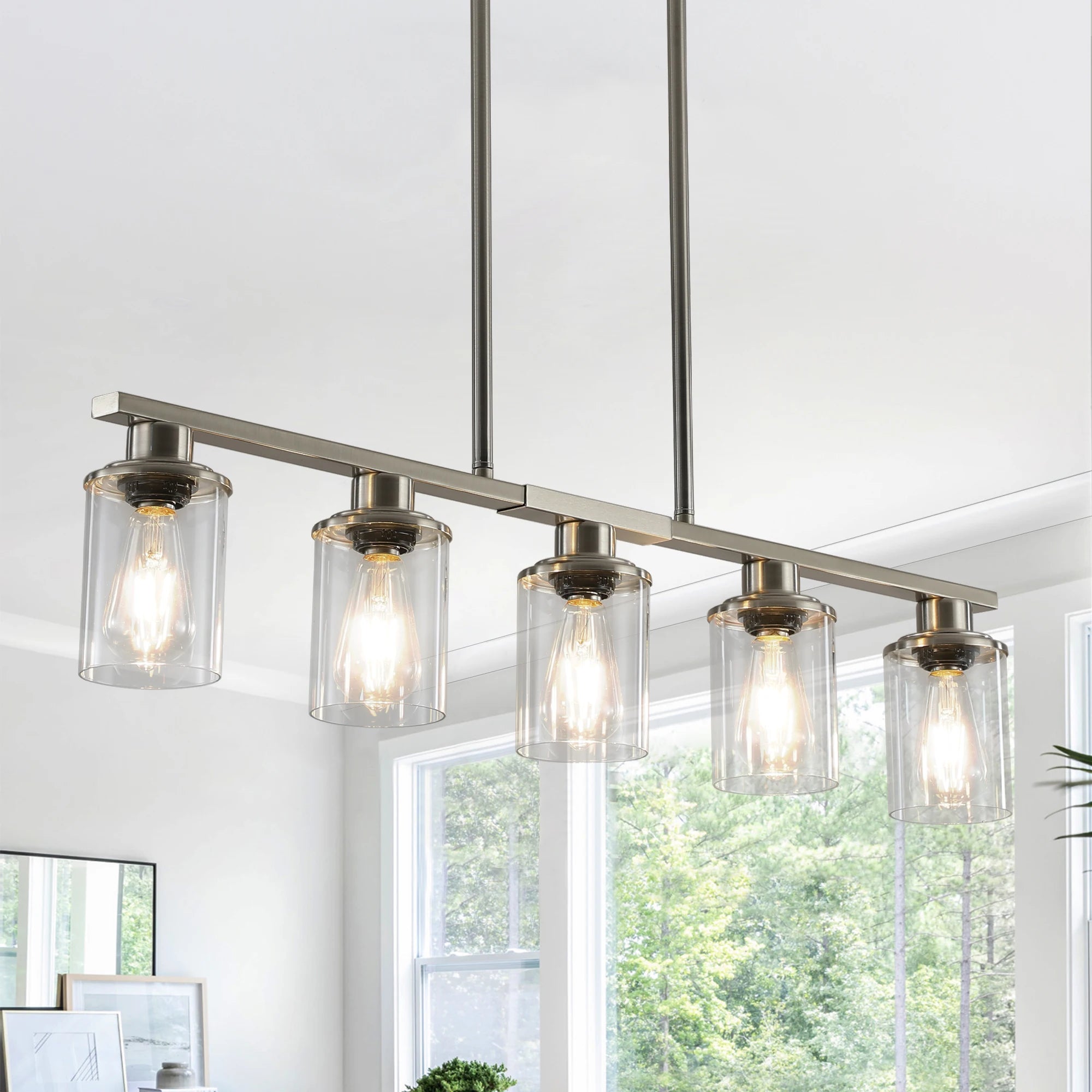 Industrial 5-Light Chandelier, Glass Shades; 4 Colors Available
