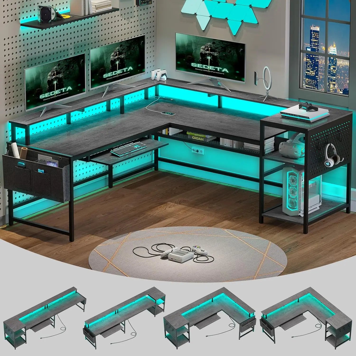 L Shaped Computer Desk with Power Outlets & LED Strip