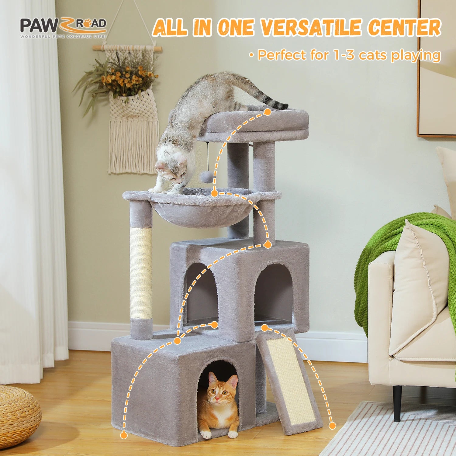 Spacious Cat Tower; Natural Sisal Scratching Posts