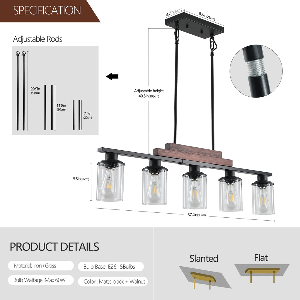 Industrial 5-Light Chandelier, Glass Shades; 4 Colors Available