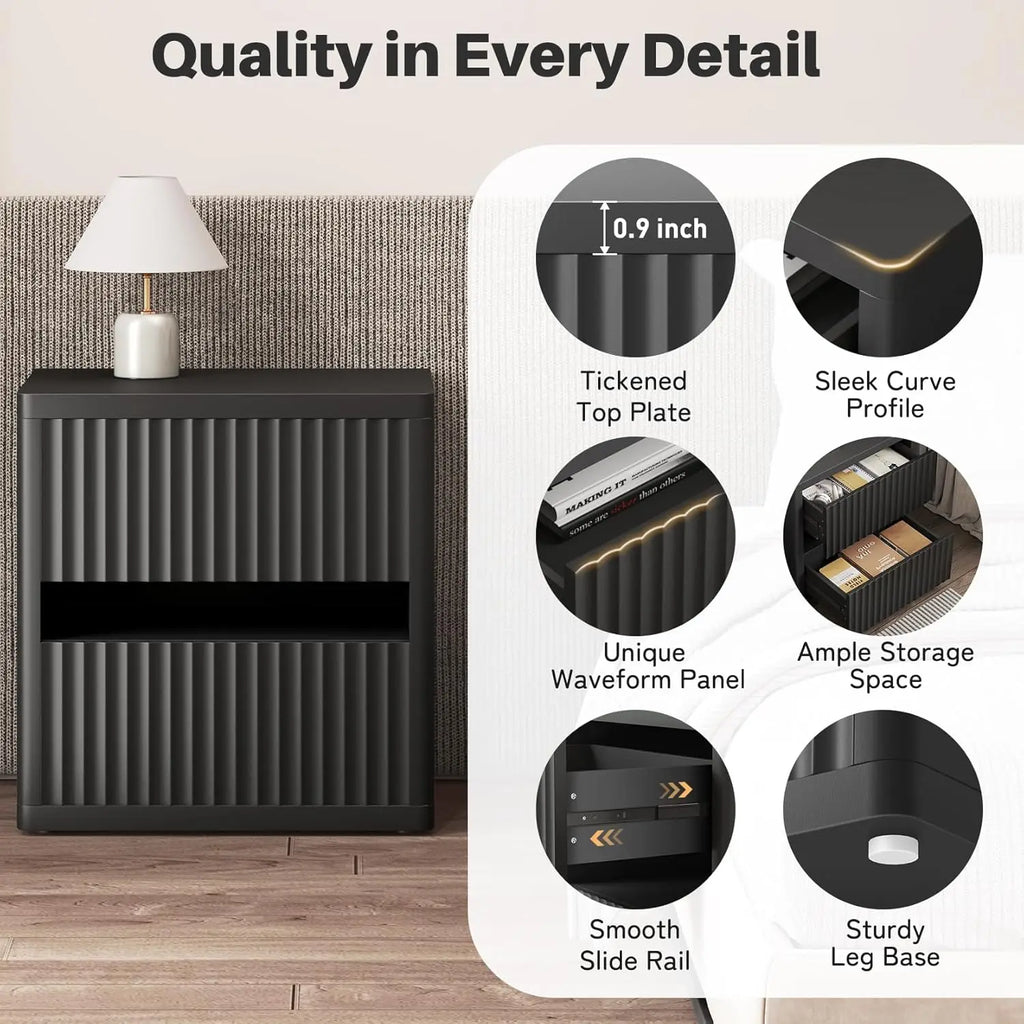 Mid-Century Black Fluted 2-Drawer End Table or Nightstand