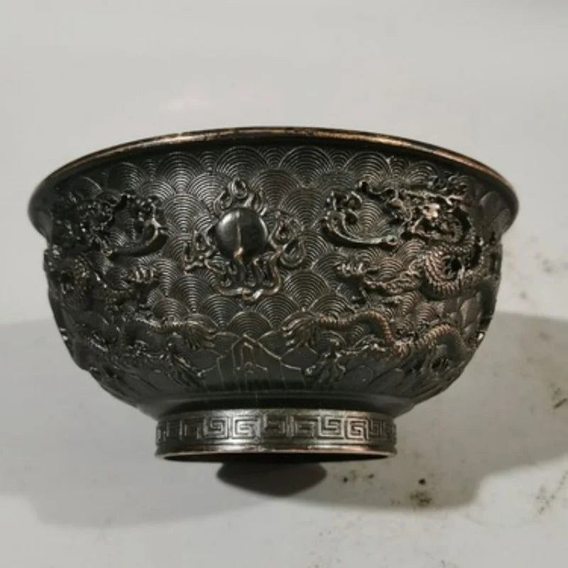 Chinese Bronze Nine Dragon Wealth Treasure Bowl