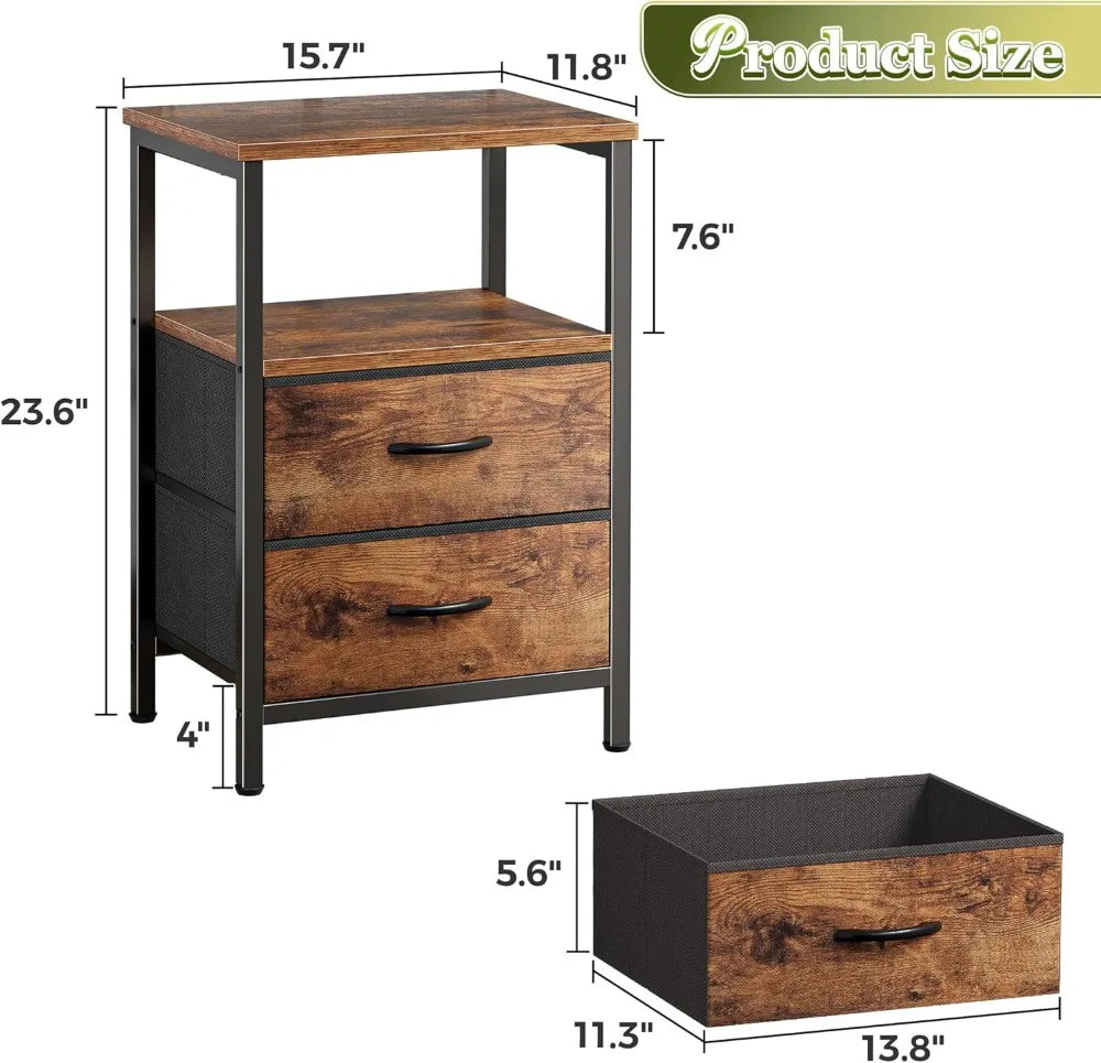 2-Drawer Nightstand, Open Shelf, Rustic Brown,