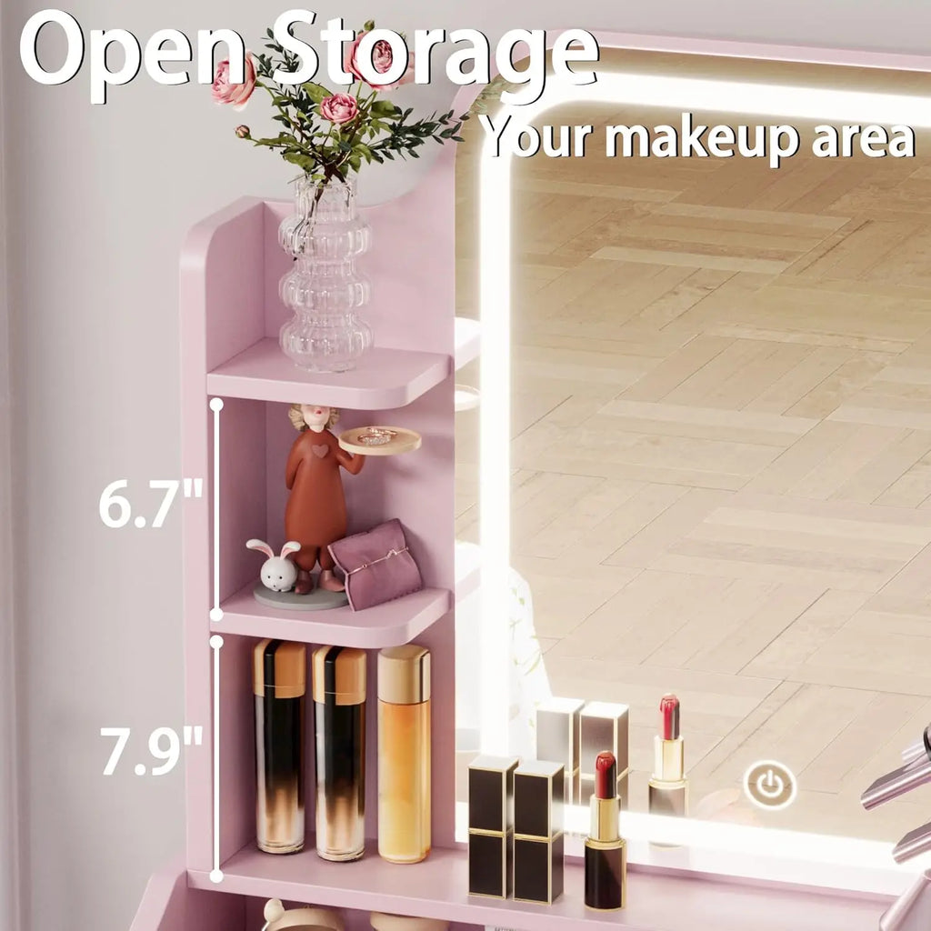 Pink Vanity/Desk: Mirror, Lights, Drawer, Bench Seat, 3 Shelves,
