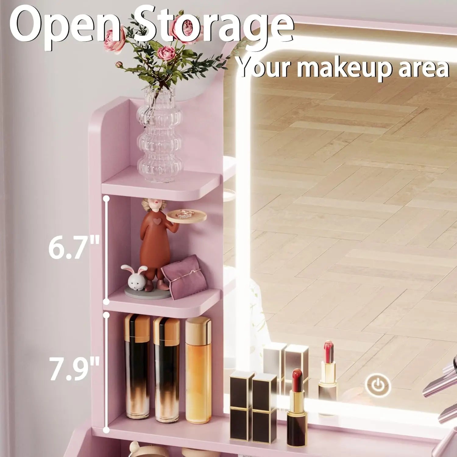 Pink Vanity/Desk: Mirror, Lights, Drawer, Bench Seat, 3 Shelves,