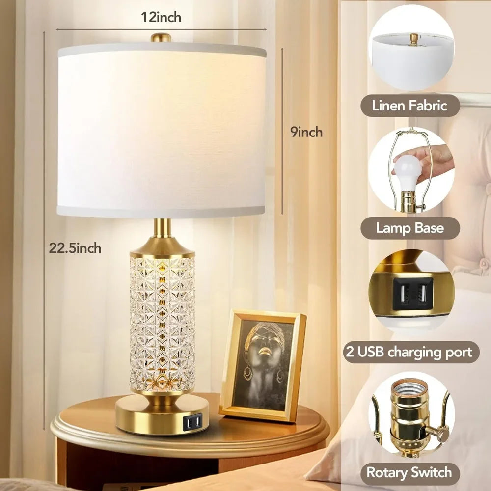 Gold & Crystal Table Lamps; USB Ports, Set of 2