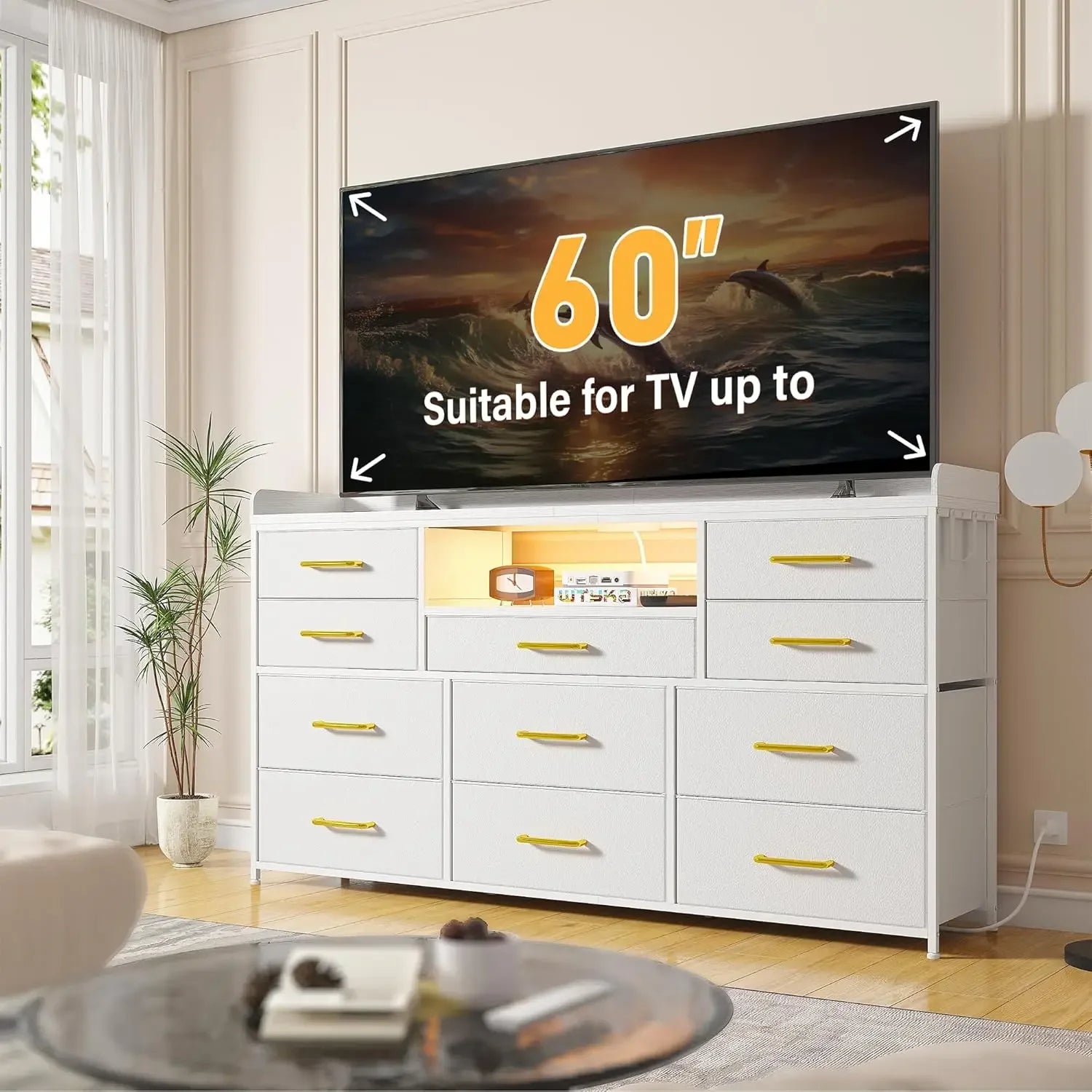 Dresser, 11 Drawers, Shelves with LED Lights, Charging Station