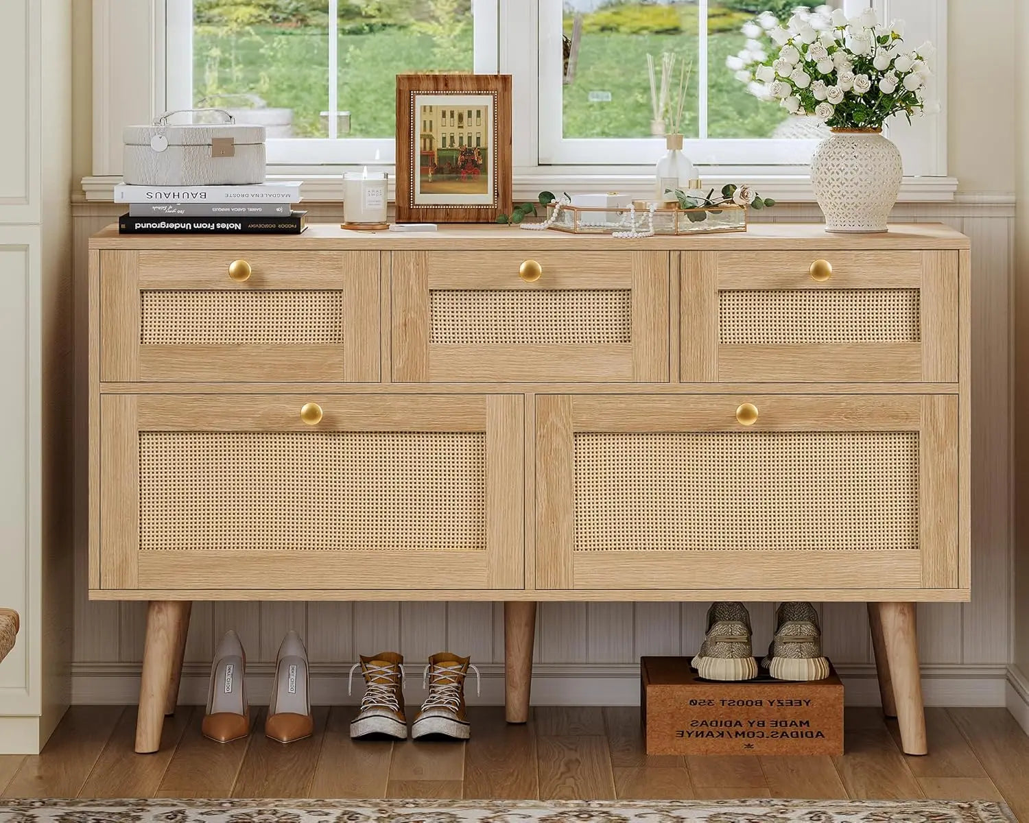 Rattan 5-Drawer Dresser, Solid Wood Legs Make a Nice TV Stand