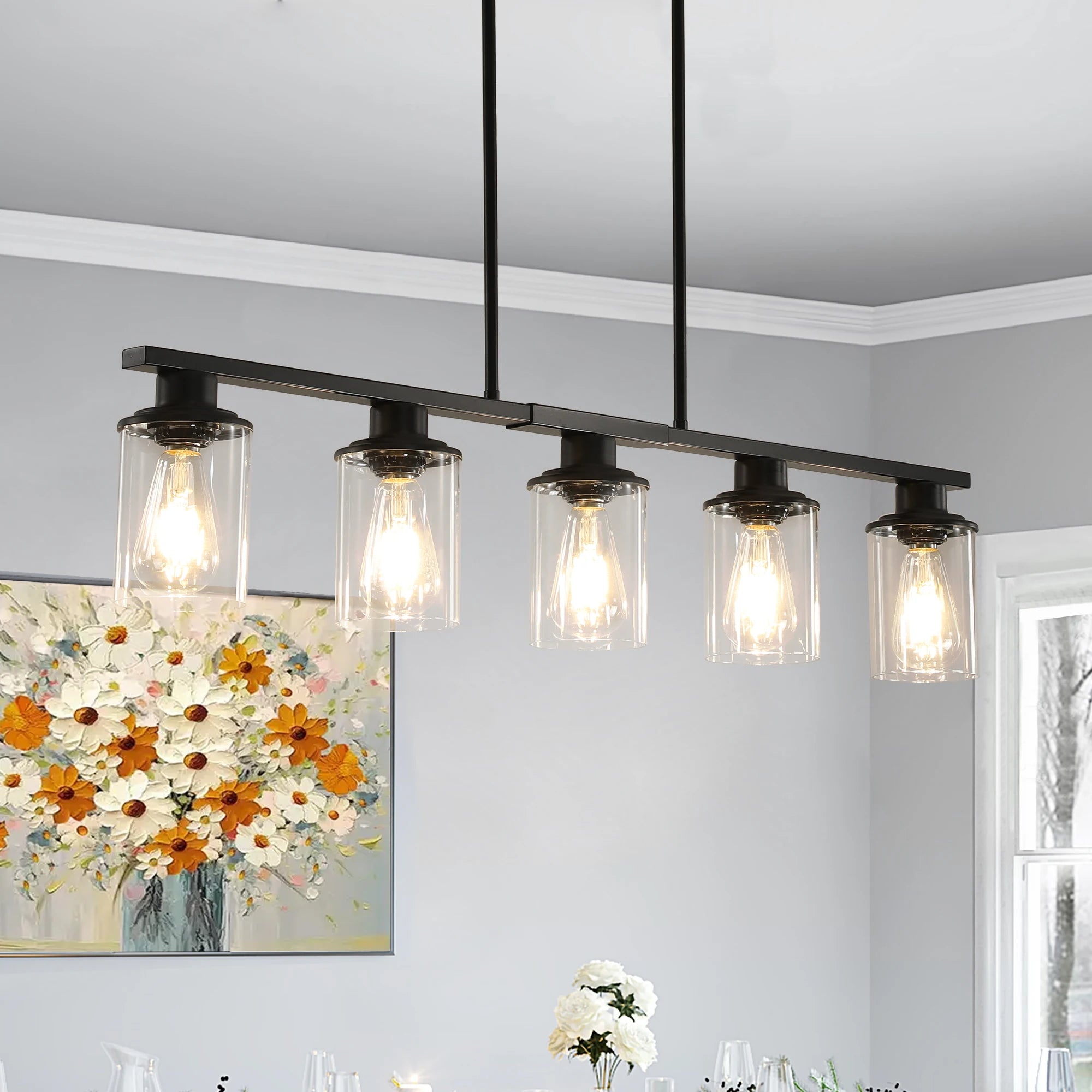 Industrial 5-Light Chandelier, Glass Shades; 4 Colors Available