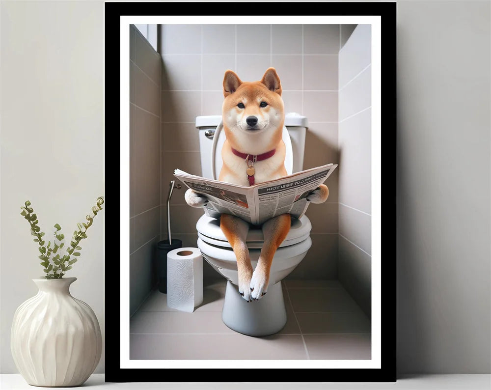 Animals Reading Newspaper on Toilet Canvas Print