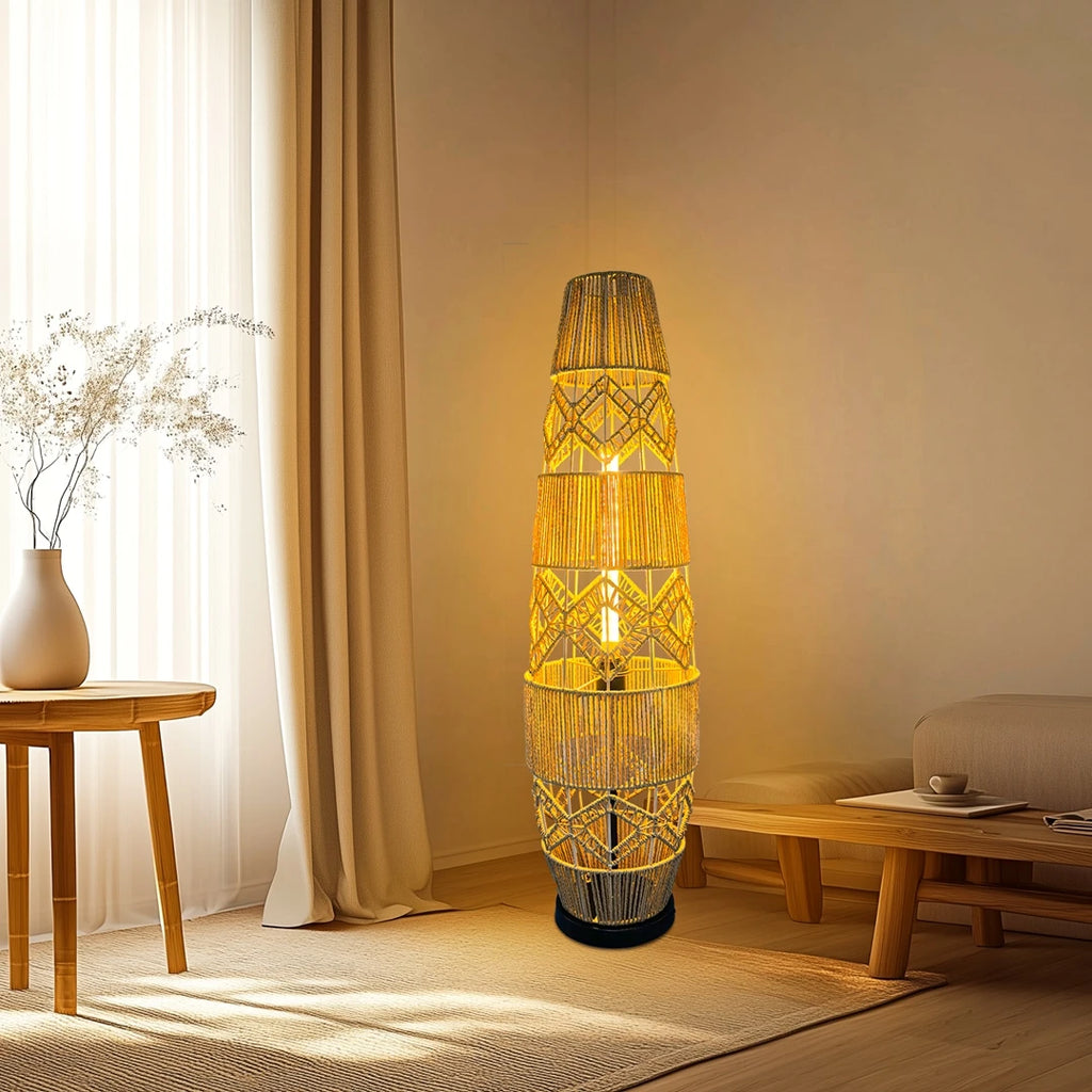 Boho Rattan Floor Lamp, Hand-Woven, LED Light-Bar