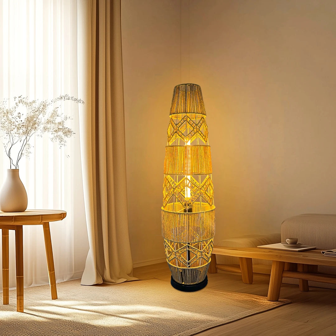 Boho Rattan Floor Lamp, Hand-Woven, LED Light-Bar