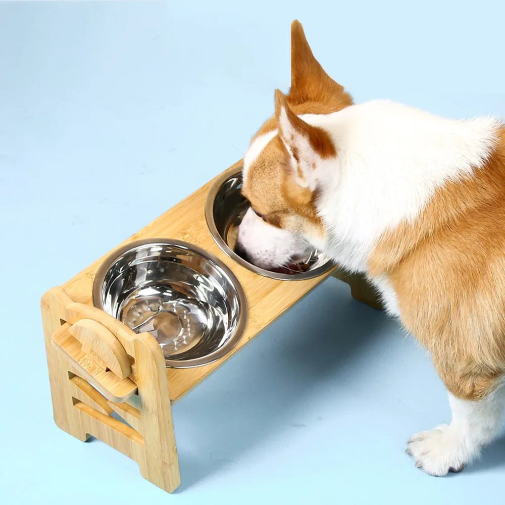 Dog 2 Bowl Raised Wood Stand; Adjustable