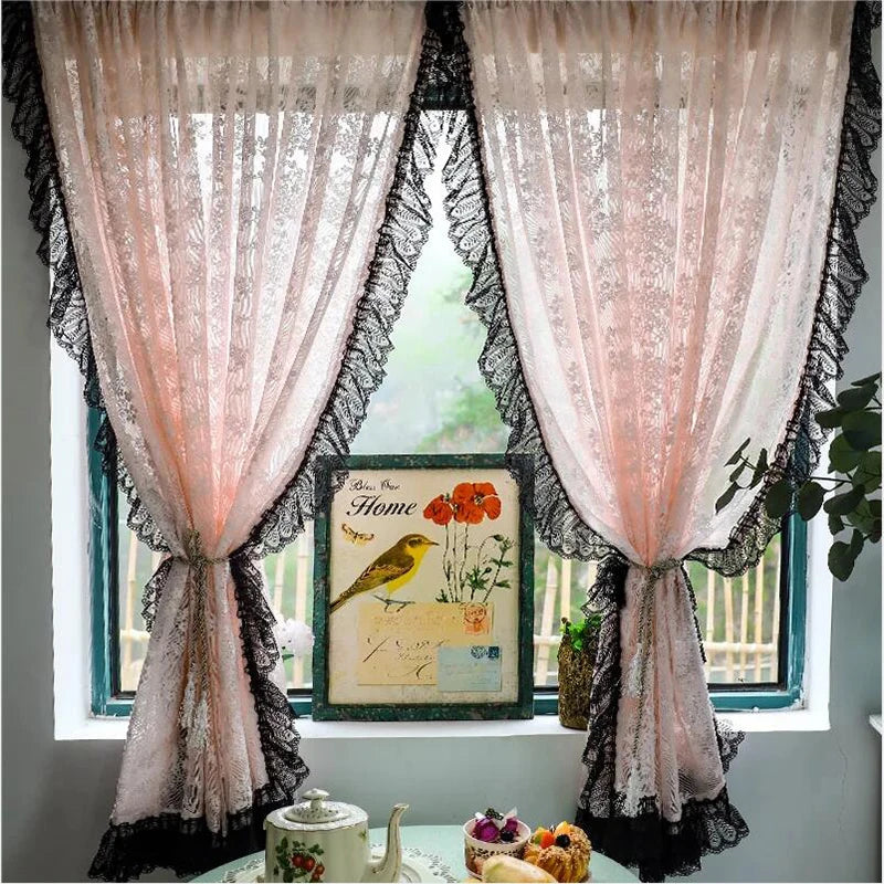 Vintage Blush Jacquard, Black Lacework Sheer Curtains