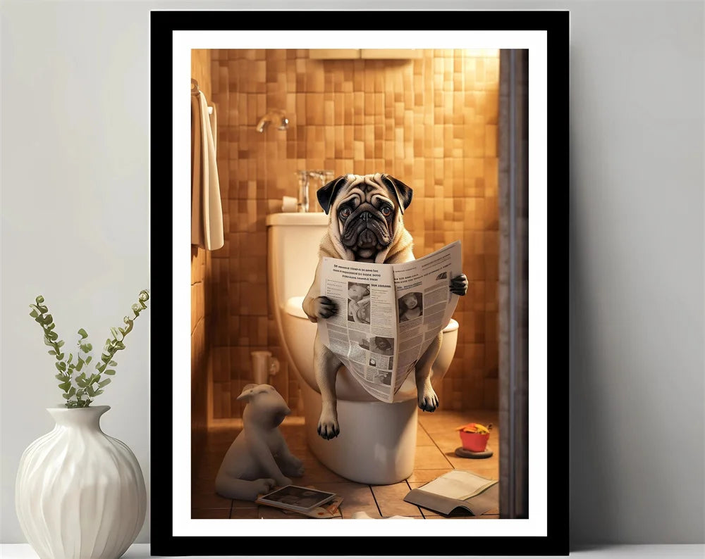 Animals Reading Newspaper on Toilet Canvas Print