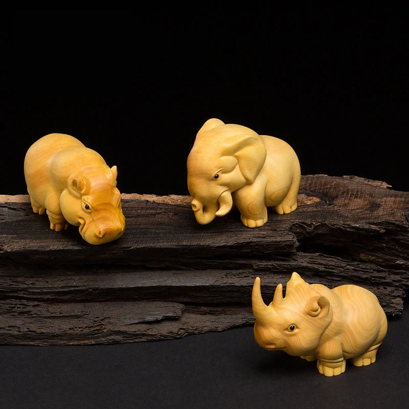 Handcrafted Thuja Wood Sculptures; Elephant, Rhino, Hippo