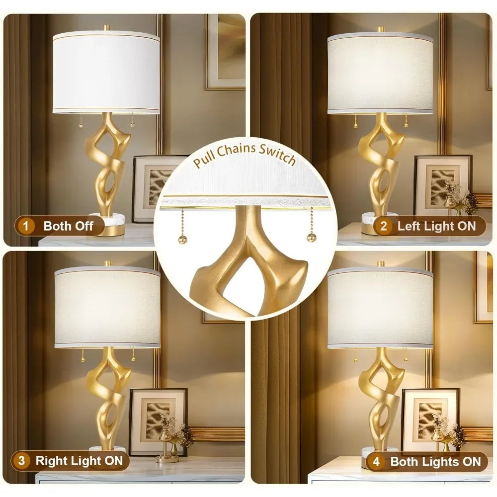 Unique 26" Gold Leaf Lamps, Linen Shade, Set of 2