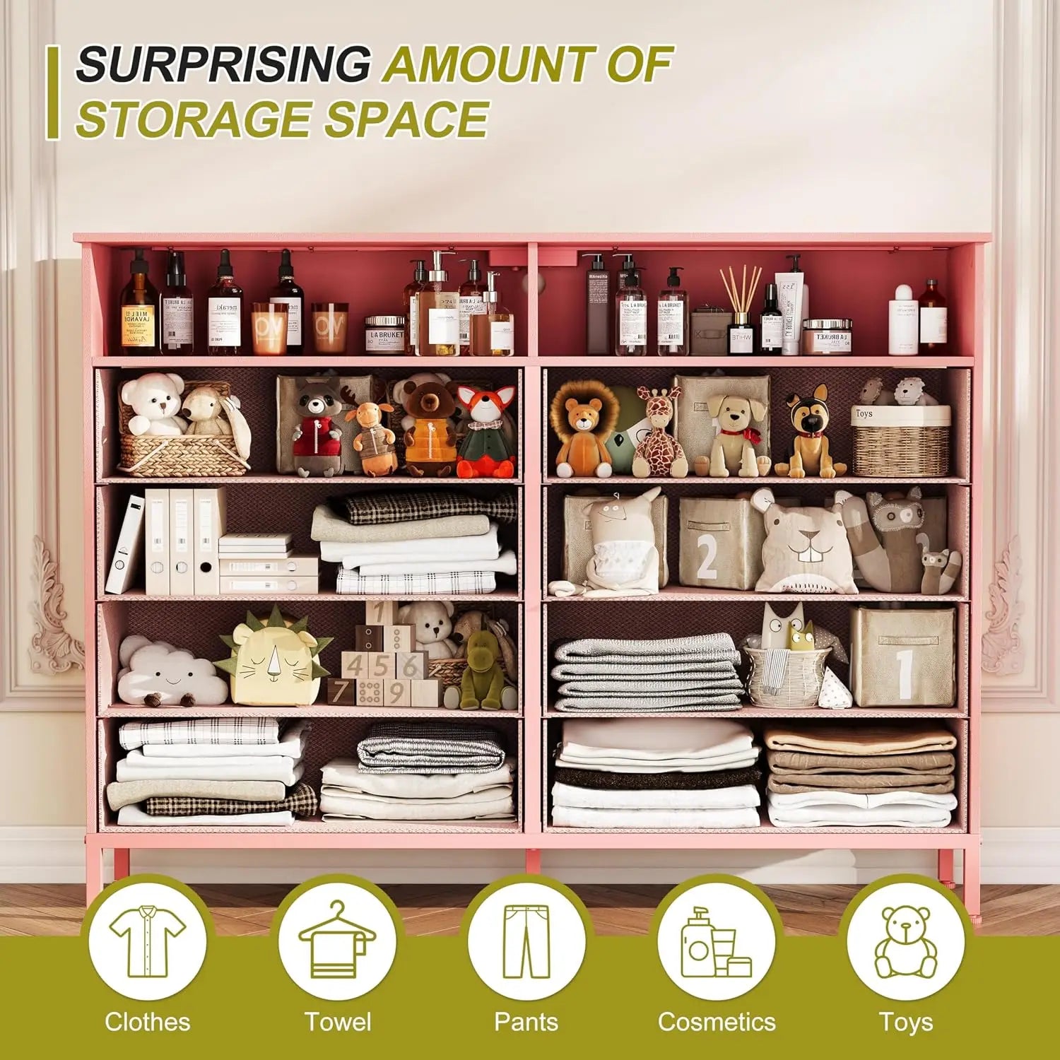 Pink Dresser, 8 Fabric Drawers, LED Lights, Charging Station,