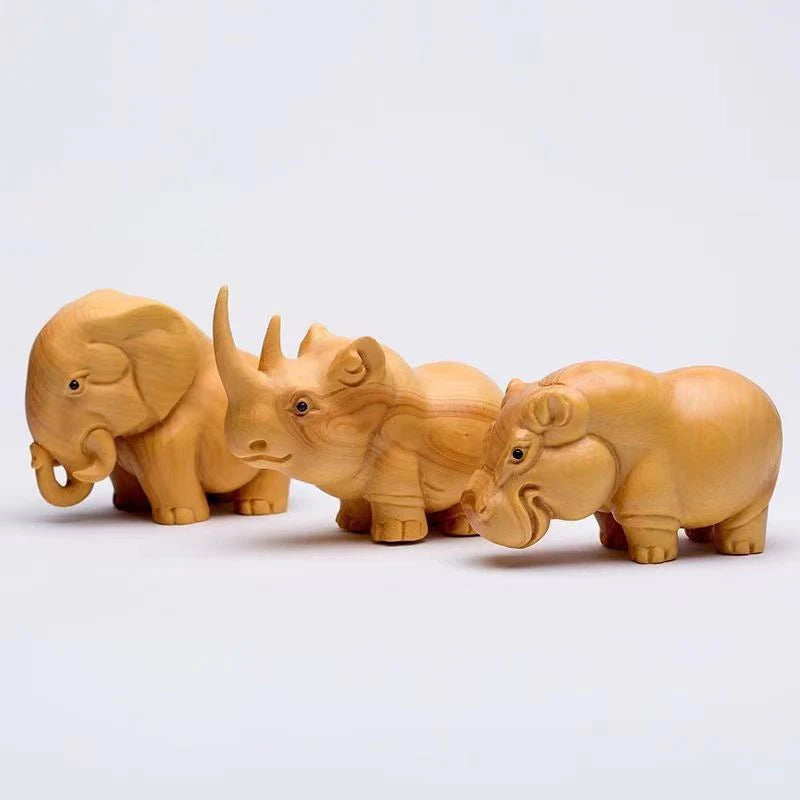 Handcrafted Thuja Wood Sculptures; Elephant, Rhino, Hippo