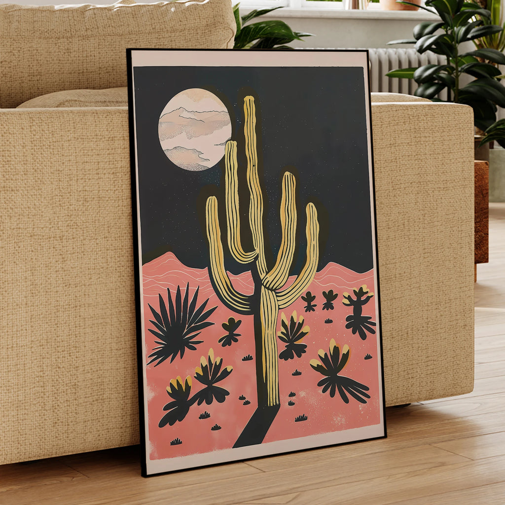 Modern Desert Night Moon Giant Cactus Print