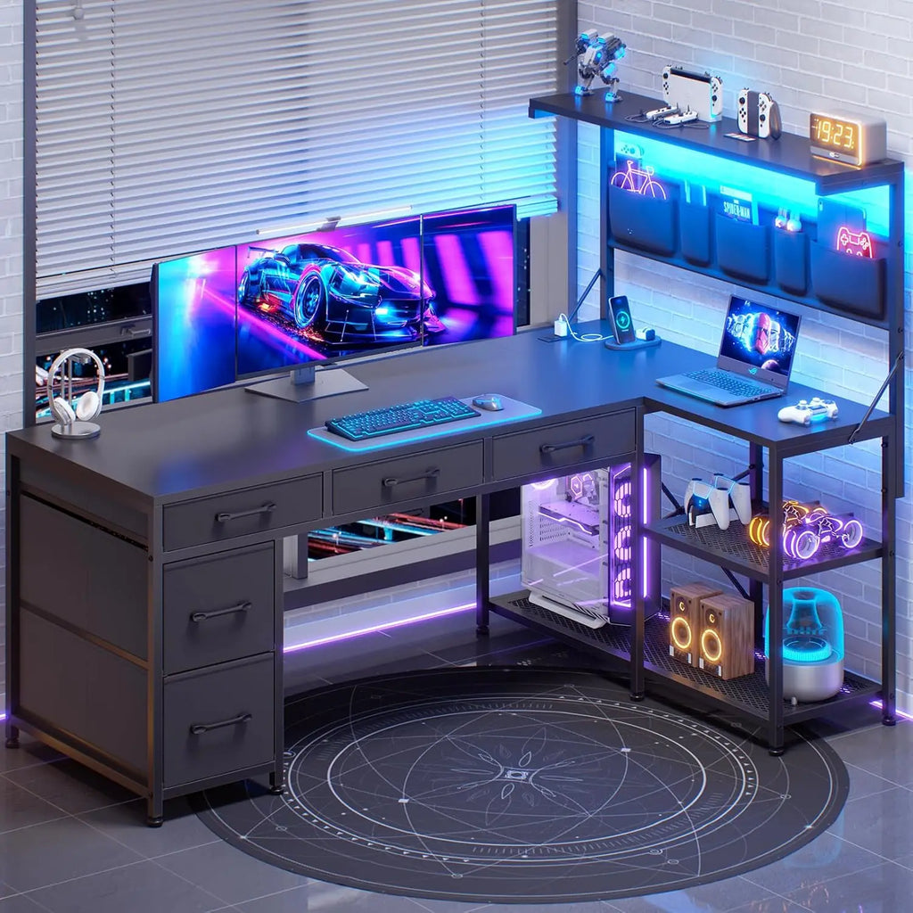 L Shaped Computer Desk with 5 Drawers and Storage Shelves