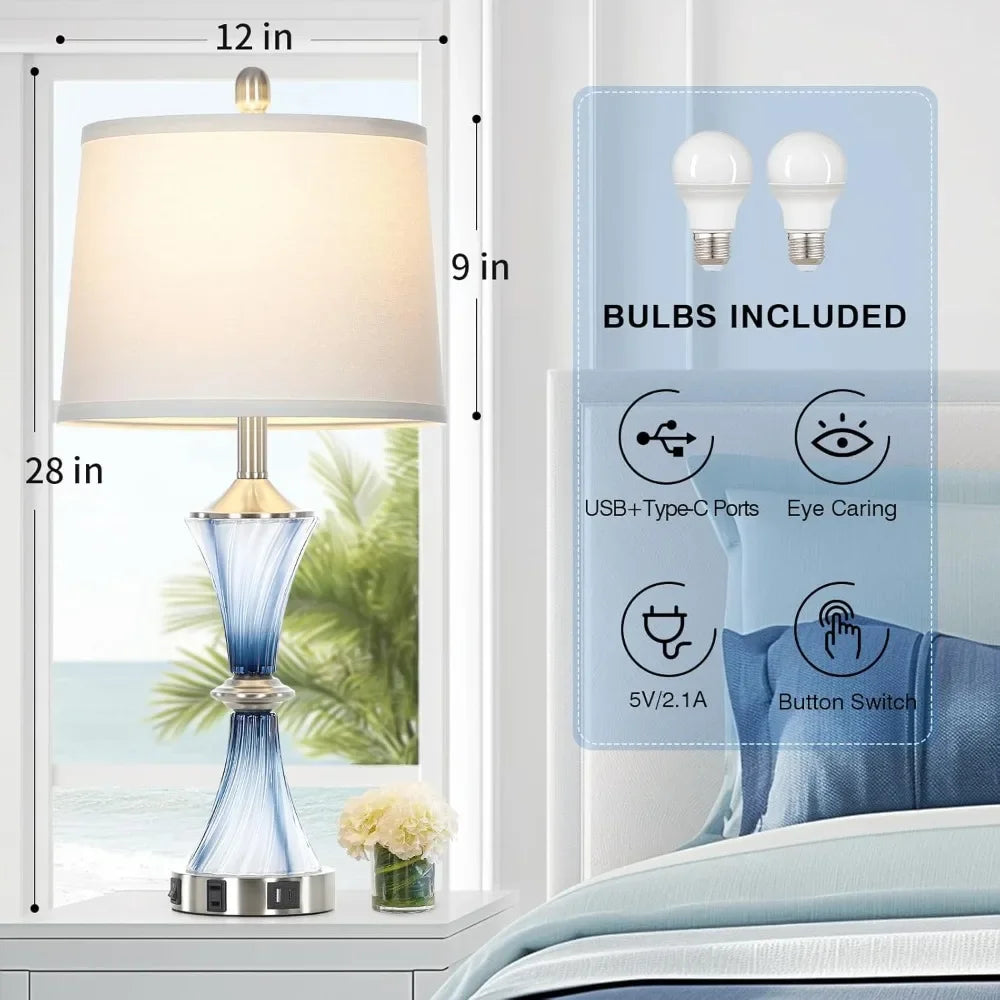 Blue Crystal Glass 28" Lamp, Drum Shade, Set of 2